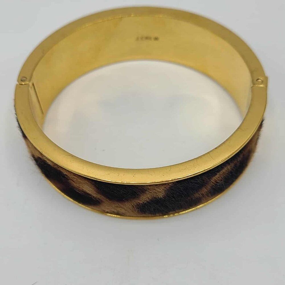 J Crew Animal Print Faux Fur Gold Tone Hinged Cuff Bracelet - Picture 5 of 8